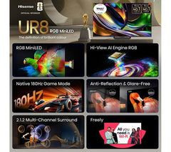 HISENSE UR8S 55" RGB Mini LED 4K 180Hz Smart AI TV with Freely - 55UR8STUK